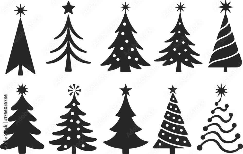 Fototapeta premium PrintStylized Christmas tree silhouettes, black festive icons, holiday pine shapes, vector decorations, star-topped trees, winter graphic elements, ornamented tree designs