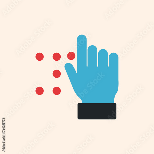 Minimalist flat illustration showing a blue hand touching Braille dots, symbolizing accessibility, communication, and inclusion for visually impaired people. Ideal for concepts of disability awareness