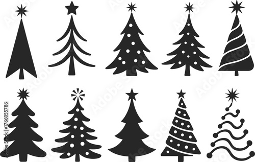 PrintStylized Christmas tree silhouettes, black festive icons, holiday pine shapes, vector decorations, star-topped trees, winter graphic elements, ornamented tree designs