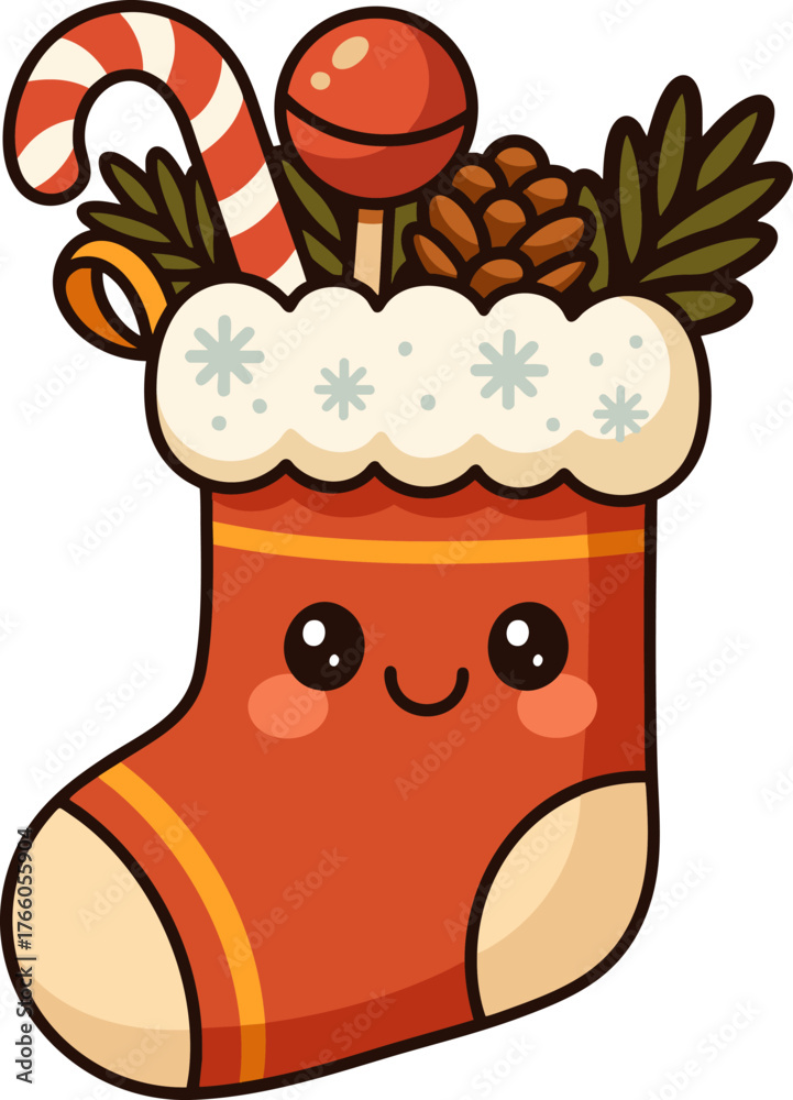 Fototapeta premium Cute kawaii-style Christmas stocking filled with treats and decorations, perfect for holiday-themed designs.