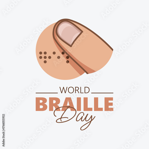 Flat illustration celebrating World Braille Day featuring a human finger reading Braille dots, symbolizing accessibility, inclusion, and support for the visually impaired