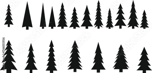 PrintConifer tree silhouettes, pine forest icons, black vector trees, nature illustration, evergreen shapes, graphic design elements, minimal woodland art