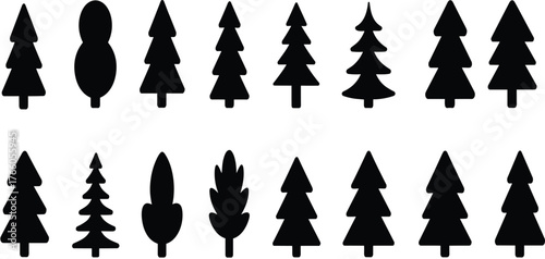 PrintTree silhouette collection, abstract foliage shapes, graphic design elements, nature icons, pine tree variations, black vector trees, minimal forest art