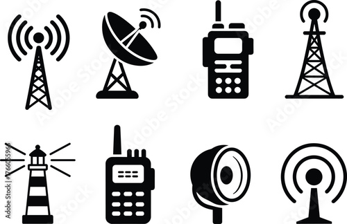 PrintCommunication device icons, signal transmission silhouettes, radio tower, satellite dish, walkie-talkie, lighthouse, surveillance camera, vector graphic, broadcast tools