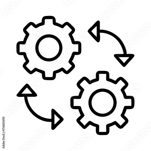 3d illustration of an icon representing a process or system with two interlocking gears and arrows indicating rotation or workflow, isolated on a