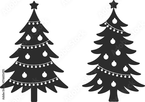 PrintChristmas tree silhouettes, festive holiday decorations, black pine icons, ornamented seasonal trees, winter celebration graphic, star-topped design, vector art, garland style
