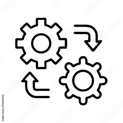 3d illustration of two interlocking gears with curved arrows indicating a cycle or process