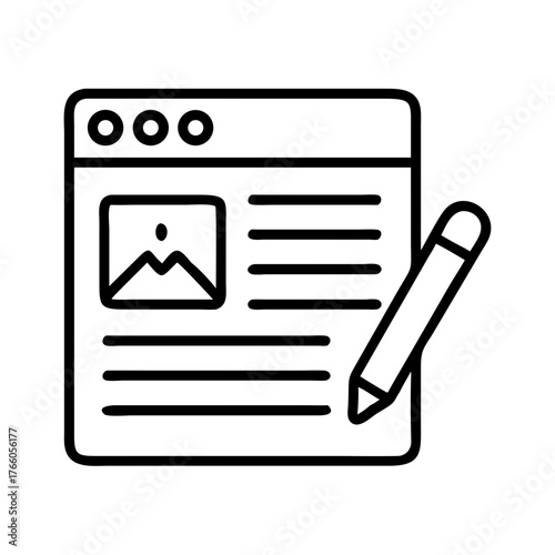 3d illustration of simple line art icon representing a document or webpage with a landscape image and text, next to a pencil, suggesting content creation, writing, or editing