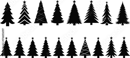 PrintChristmas tree silhouettes, black festive trees, holiday decoration icons, stylized pine shapes, vector Christmas design, star-topped trees, winter graphic elements