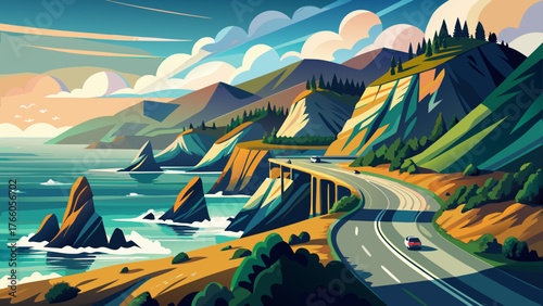 Very beautiful, Pacific coastline, view from Highway Number 1, California, rugged cliffs, crashing waves, scenic ocean, coastal road, sunny skies, dramatic landscape, and serene natural beauty along 