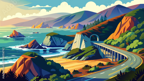 Very beautiful, Pacific coastline, view from Highway Number 1, California, rugged cliffs, crashing waves, scenic ocean, coastal road, sunny skies, dramatic landscape, and serene natural beauty along 