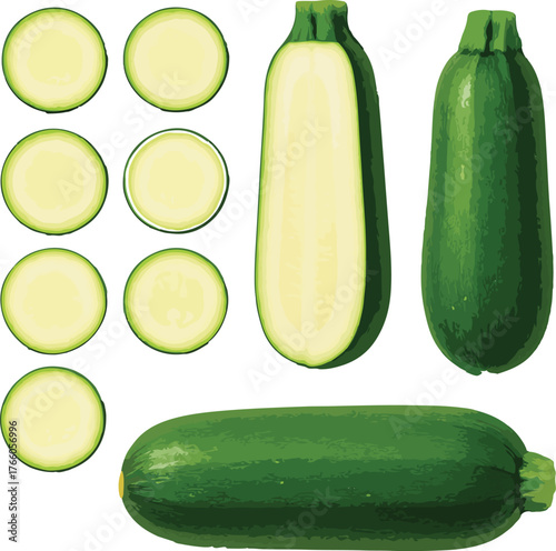 Green zucchini whole sliced and cut cross sections