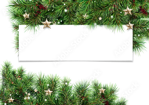 Decorative green twigs of Chrismas tree and silver garlands with empty space for text isolated on white or transparent background
