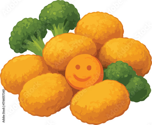 Pile of golden chicken nuggets with broccoli and smiley face