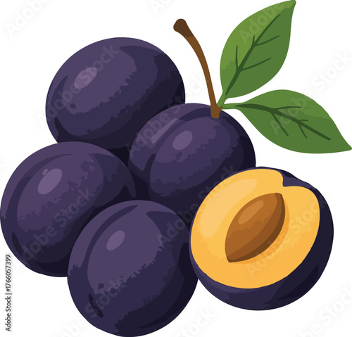 Pile of purple plums one sliced showing pit and yellow flesh