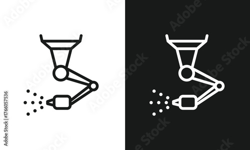 Robotic Arm Sprayer Line Art Icon, Automated Industrial Spray Nozzle Symbol, Minimalist Vector Graphic for Manufacturing, Painting, and Coating Technology, Black and White Versions.