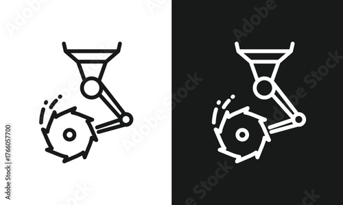 Robotic Arm with Tiller Wheel Line Art Icon, Automated Farm or Industrial Machinery Symbol, Minimalist Vector Graphic for Cultivating, Grinding, or Seeding, Black and White Versions.