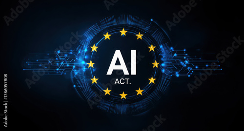 European Union AI Act hologram concept with glowing digital circuit background and EU stars around futuristic interface globe symbolizing regulation. 3D Rendering