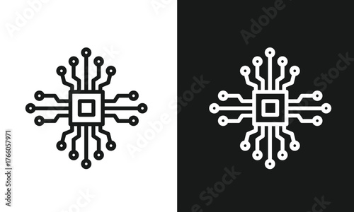 Circuit Board Microchip Icon Vector Illustration CPU, Processor, Digital Data Flow, and Motherboard Component Line Art.