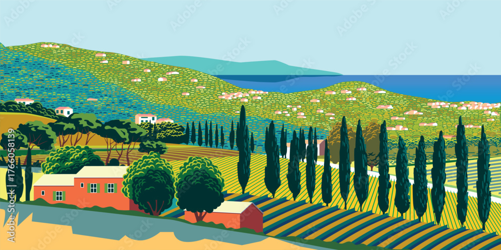 Fototapeta premium Romantic Mediterranean rural landscape in sunny day with vineyards, farms, meadows, fields, cypresses and trees and sea in the background. Handmade drawing vector illustration. Flat design.