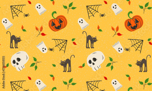 Happy Halloween seamless pattern, background vector. Cute groovy spooky ghost, pumpkin, skull, spider, black cat. Hand drawn festival wallpaper, illustration in doodle style for decoration, prints.
