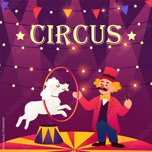 A cheerful circus scene with a clown and a white poodle performing a trick, jumping through a hoop under bright lights and colorful decorations. Perfect for children’s entertainment or poster design.
