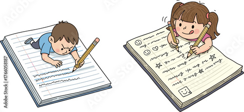 children, writing, notebook, homework, study, learning, education, school, cartoon, illustration, vector, design, creative, element, activity, focus, neatness, expression, contrast, concept