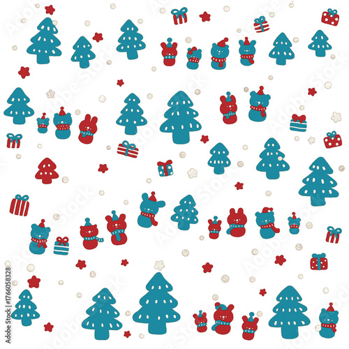 Merry Christmas seamless pattern. minimal christmas tree , cute animal snowman ,gift , little stars and silver glitter snow. modern vintage emboss elements style .Cute greeting wallpaper for children.