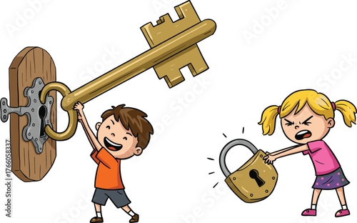 children, key, lock, problem, solution, challenge, effort, determination, cartoon, illustration, vector, design, creative, element, concept, teamwork, imagination, activity, playful, expression