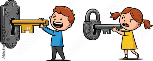 children, key, lock, problem, solution, challenge, effort, determination, cartoon, illustration, vector, design