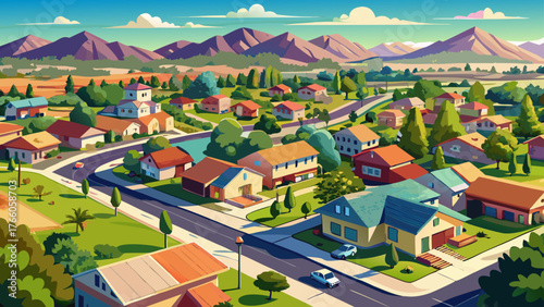 Very beautiful, daytime aerial view of a suburban neighborhood in Moreno Valley, California, USA, tree-lined streets, residential houses, parks, rooftops, orderly layout, and peaceful suburban landsca