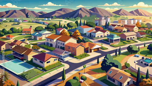 Very beautiful, daytime aerial view of a suburban neighborhood in Moreno Valley, California, USA, tree-lined streets, residential houses, parks, rooftops, orderly layout, and peaceful suburban landsca