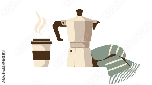 A cozy coffee scene with a warm scarf and a vintage coffee maker.