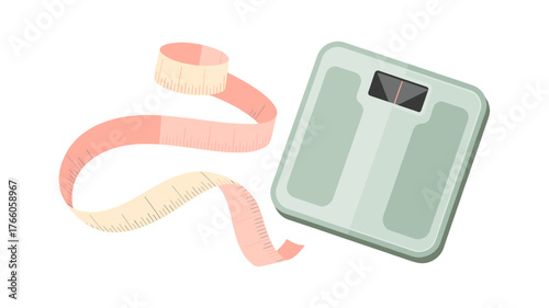 A bathroom scale and measuring tape symbolize weight loss and health.