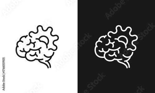 Brain with Gear Icon, Minimalist Line Art of Human Mind and Cogwheel, Modern Vector Graphic Symbolizing Thinking Process, Innovation, Problem Solving, and Intelligence, Black and White Versions.