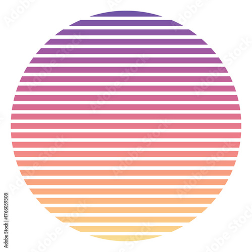 Circle shape with gradient horizontal stripes sunset colors,transparent background.Vector.