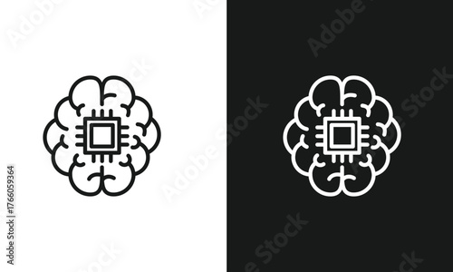 Artificial Intelligence Icon, Minimalist Brain with CPU Chip Line Art, Symbol for Machine Learning, Digital Mind, and Advanced Technology, Modern Vector Graphic, Black and White Versions.