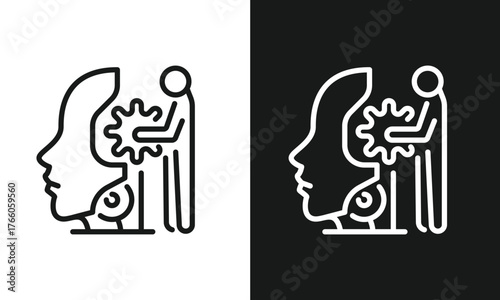 AI Development and Machine Learning Icon, Human Figure Adding Gear to Head Symbol, Minimalist Line Art for Cognitive Enhancement and System Setup, Modern Vector Graphic, Black and White Versions.