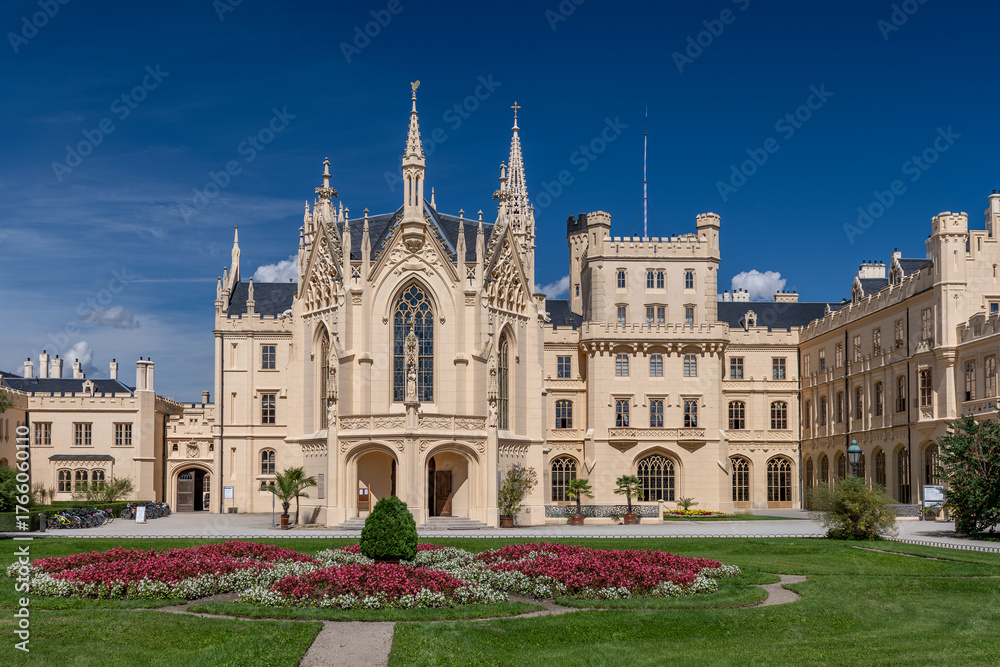 Obraz premium View of Lednice castle with monumental park in South Moravia, Czech Republic.