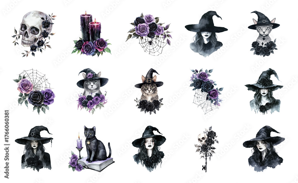 Naklejka premium PNG Gothic witchcraft elements illustration, element set on transparent background