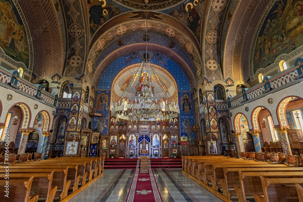 Fototapeta premium Interior of the Assumption of the Virgin Mary, Orthodox Cathedral located in the Park Dr. Vasile Lucaciu Boulevard in the city of Satu Mare, Romania.