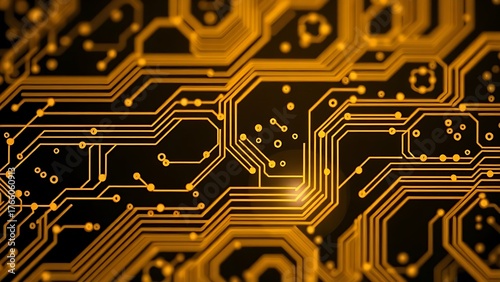 Abstract circuit board with golden patterns, illustrating modern technology.
