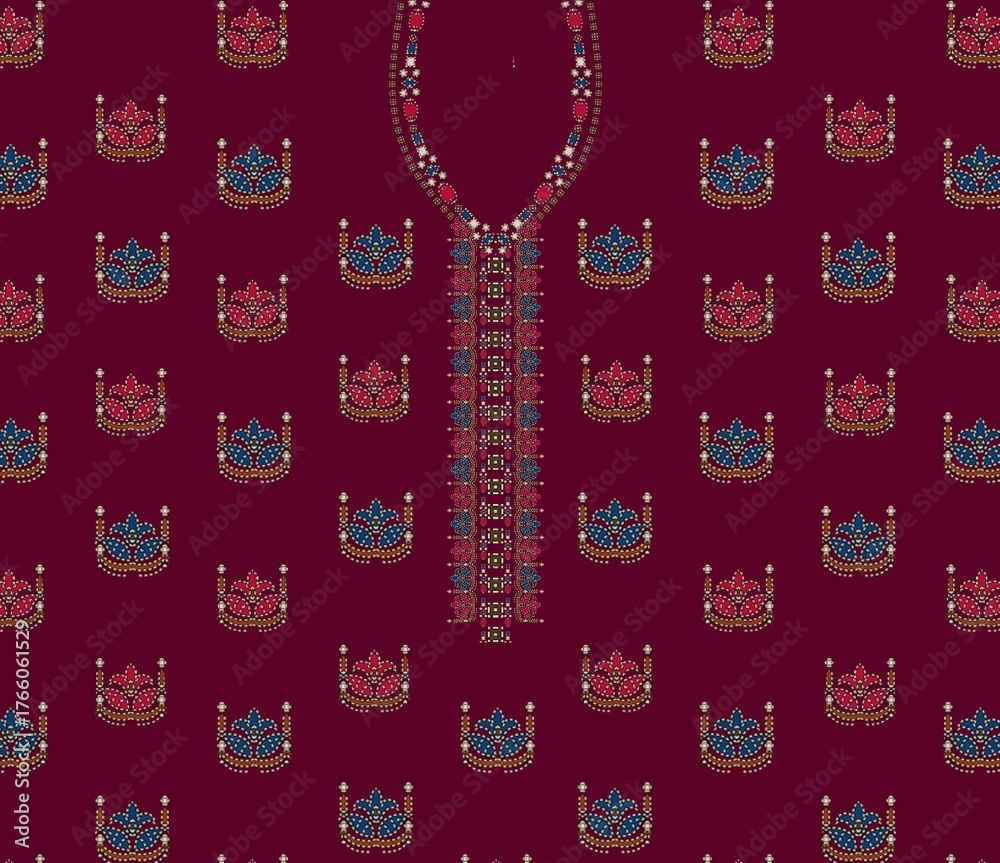 Naklejka premium Maroon fabric with floral pattern and embroidered neckline design