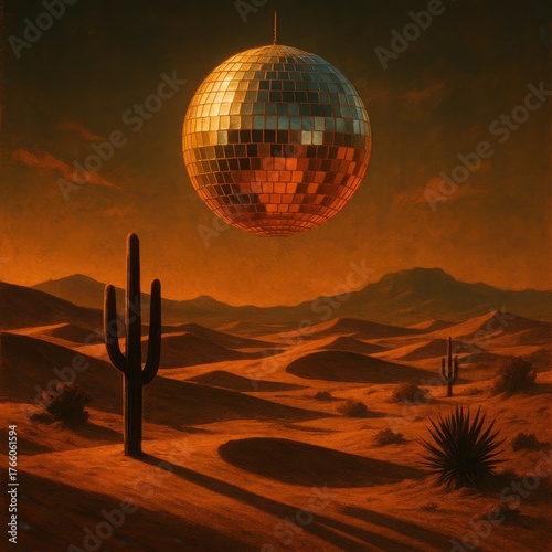 Disco Ball Floating Over Desert at Sunset