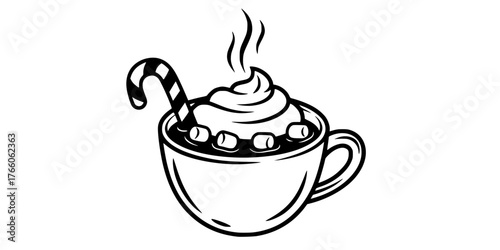 Cozy Hot Cocoa Mug Candy Cane Marshmallow Line Art Vector