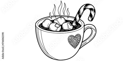 Cozy Hot Cocoa Mug Candy Cane Marshmallow Line Art Vector