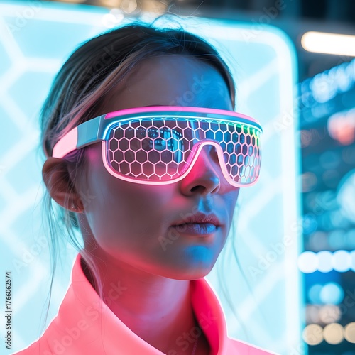 A young woman with futuristic glasses stands in front of a bright screen, illuminated by neon lights, creating a cyberpunk atmosphere with a modern aesthetic