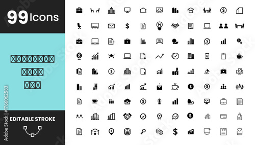 99 Business Icon Set Bundle – Modern Flat Vector Icons for Corporate, Office, Finance, Marketing, Startup, Management, and Strategy Projects with Editable Stroke Line Design Elements
