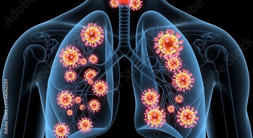 Illustration showing a human body with lungs infected by viruses, representing respiratory illness, pneumonia, coronavirus, or other lung diseases