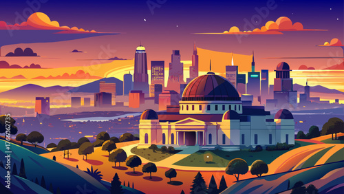 Very beautiful, Griffith Observatory and Los Angeles city skyline at sunset, glowing skies, panoramic urban view, iconic landmark, distant mountains, city lights, vibrant horizon, and serene evening a